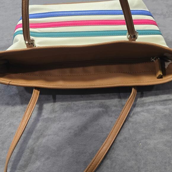 Nine West White Striped Tote Shoulder Bag Purse - Picture 6 of 11